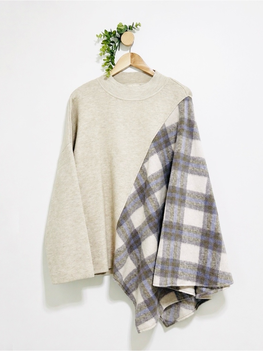 Anthropologie Pilcro Light Academia Plaid Neutral Poncho Sweater